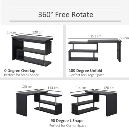 HOMCOM L Shaped Desk with 360√Ç¬∞ Rotating Storage Shelves, Corner Computer Desk, Space Saving Study Table for Home Office, Black