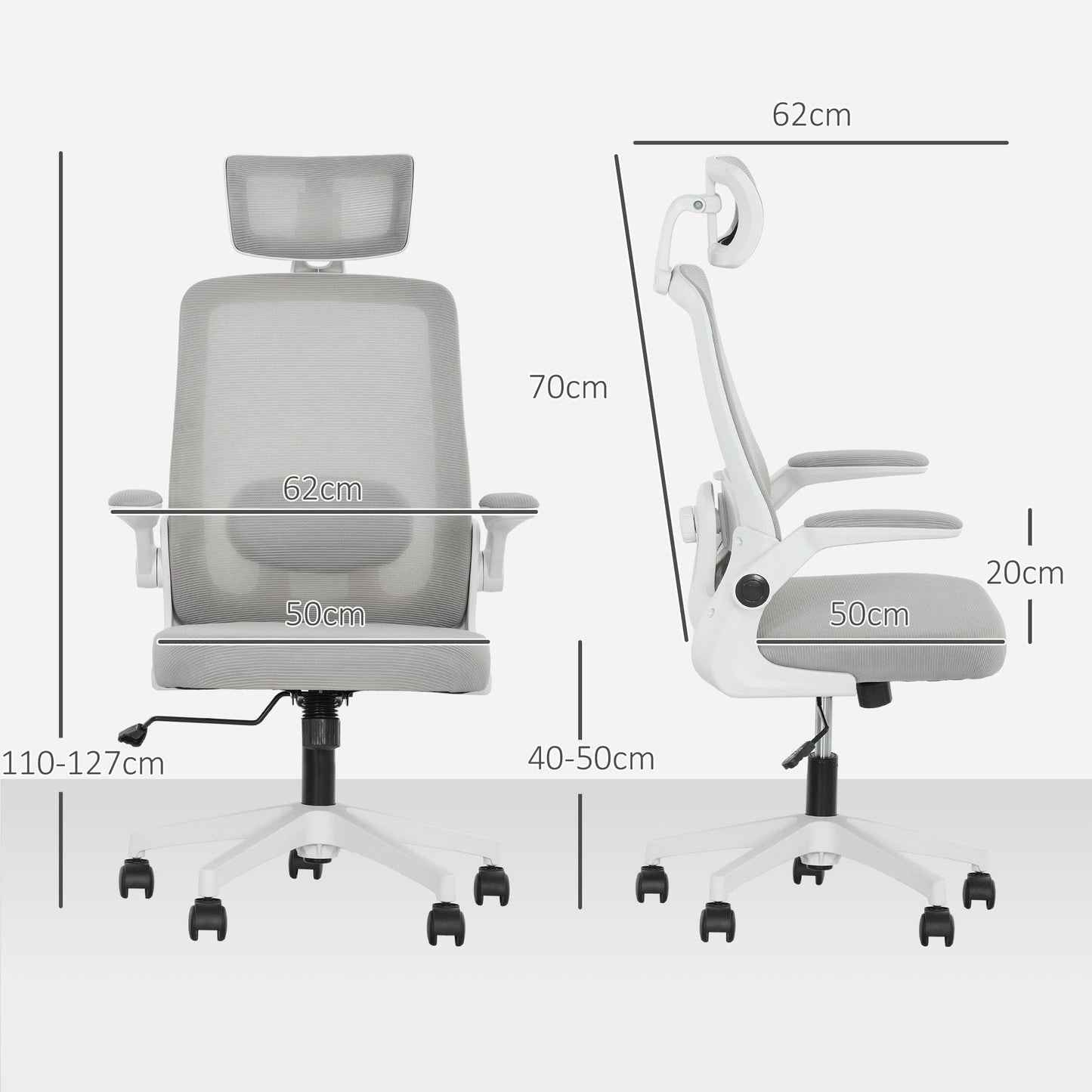 HOMCOM Executive Office Chair, Ergonomic Mesh High Back Desk Chair with Flip-up Armrest, Adjustable Lumbar Support, Rotatable Headrest, Swivel Computer Chair for Home Study, Grey