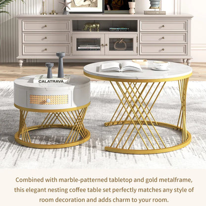 2-in-1 Marble Coffee Table Set with Marble Grain Veneer Top, Rattan Drawers, and Solid Wood Handles, Gold Iron Legs, 70x70x45.5 cm + 50x50x38.5 cm, White+Gold