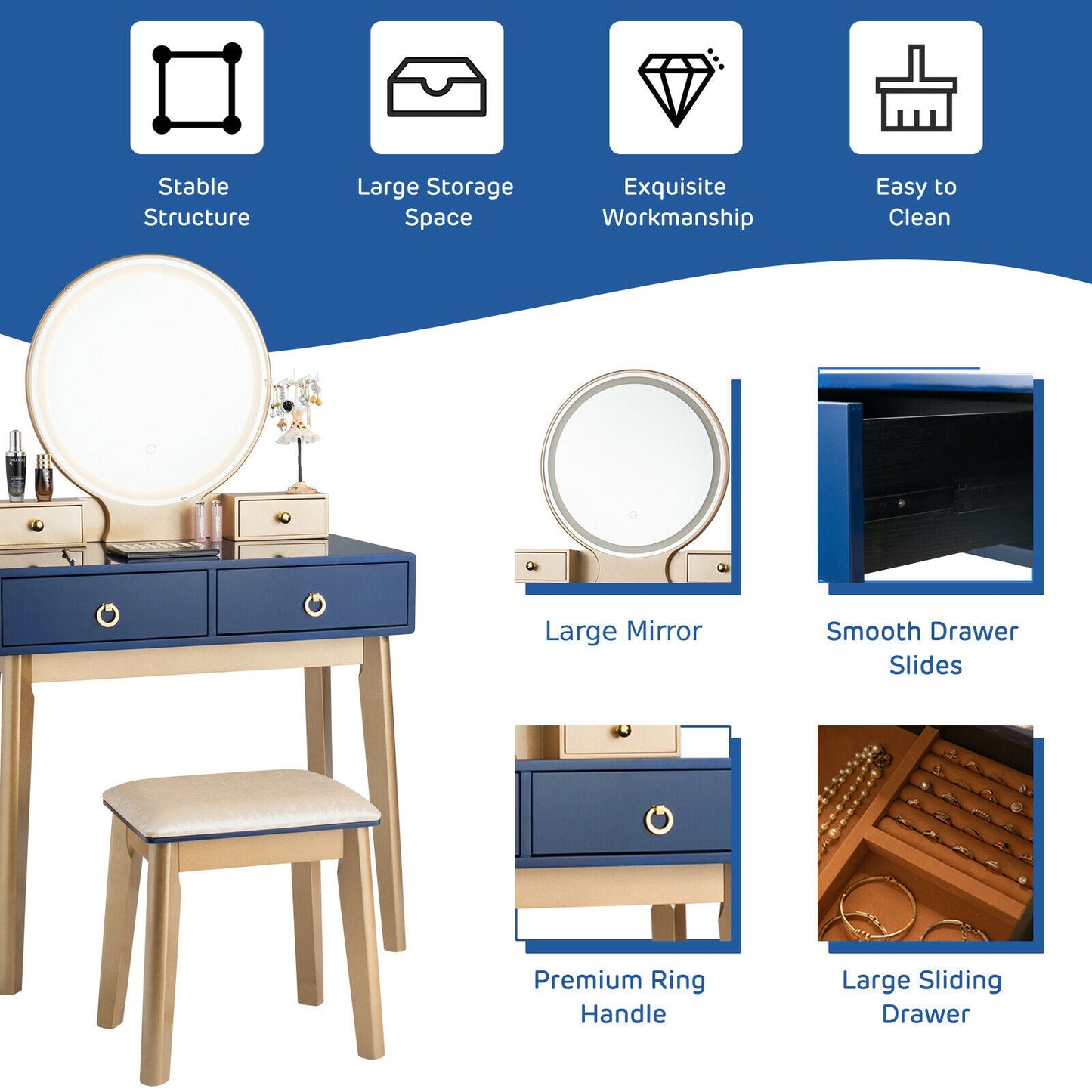 Modern Dressing Table with LED Mirror &amp; Cushioned Stool-Blue