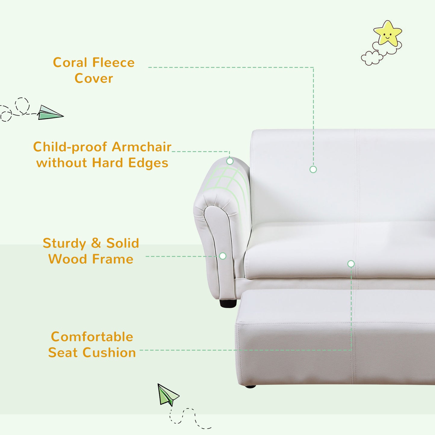 HOMCOM Kids Sofa Bed Kids Twin Sofa Toddler Chair 2 Seater Kids Twin Sofa Chair Boys Girls Couch w/ Footstool (White)