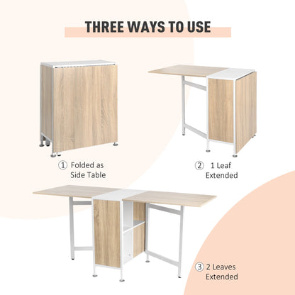 HOMCOM Foldable Drop Leaf Dining Table Folding Workstation for Small Space with Storage Shelves Cubes Oak & White