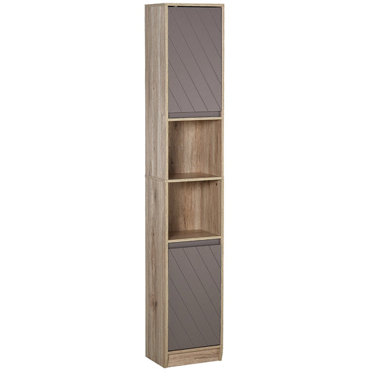 HOMCOM Freestanding Bathroom Storage Cabinet w/ 2 Cupboards 2 Compartments Home Organisation Anti-Tipping Elevated Base 30L x 24W x 170H cm Grey&Brown