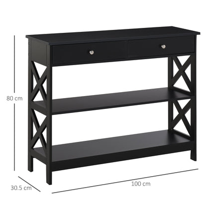 HOMCOM Console Table Side Desk w/ Shelves Drawers Open Top X Support Frame Living Room Hallway Home Office Furniture Black