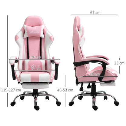 Vinsetto Pink Computer Gaming Chair, Desk Chair with 135√Ç¬∞ Reclining Back and Retractable Footrest, Adjustable PU Leather Lumbar Support and Headrest, Steel Base for Adults, Girls