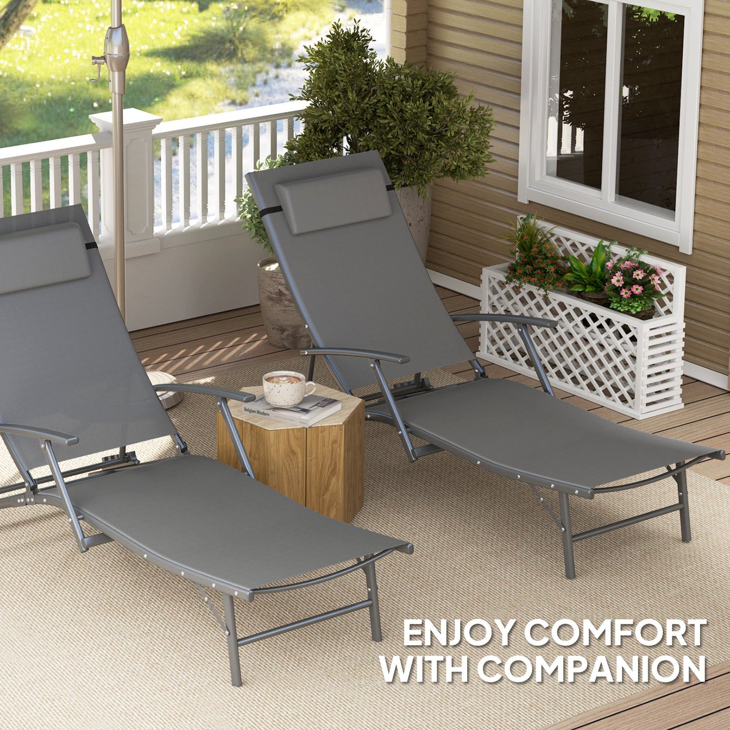 Outsunny Set of 2 Folding Sun Loungers for Garden, 4 Positions Adjustable Outdoor Chaise Lounge Chairs with Armrests, Pillows, Steel Frame, Sunbed Recliners for Patio, Beach and Poolside, Grey