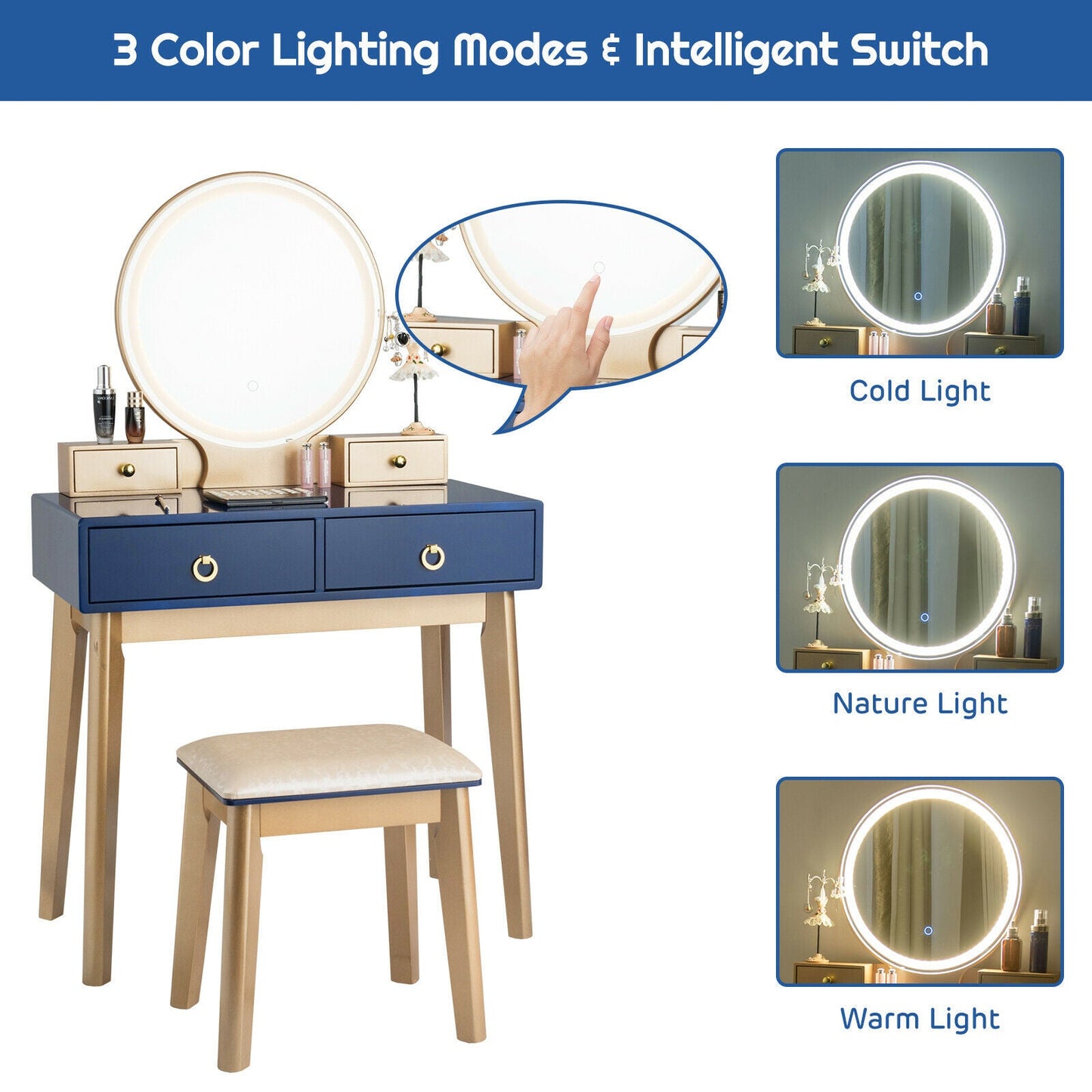 Modern Dressing Table with LED Mirror &amp; Cushioned Stool-Blue