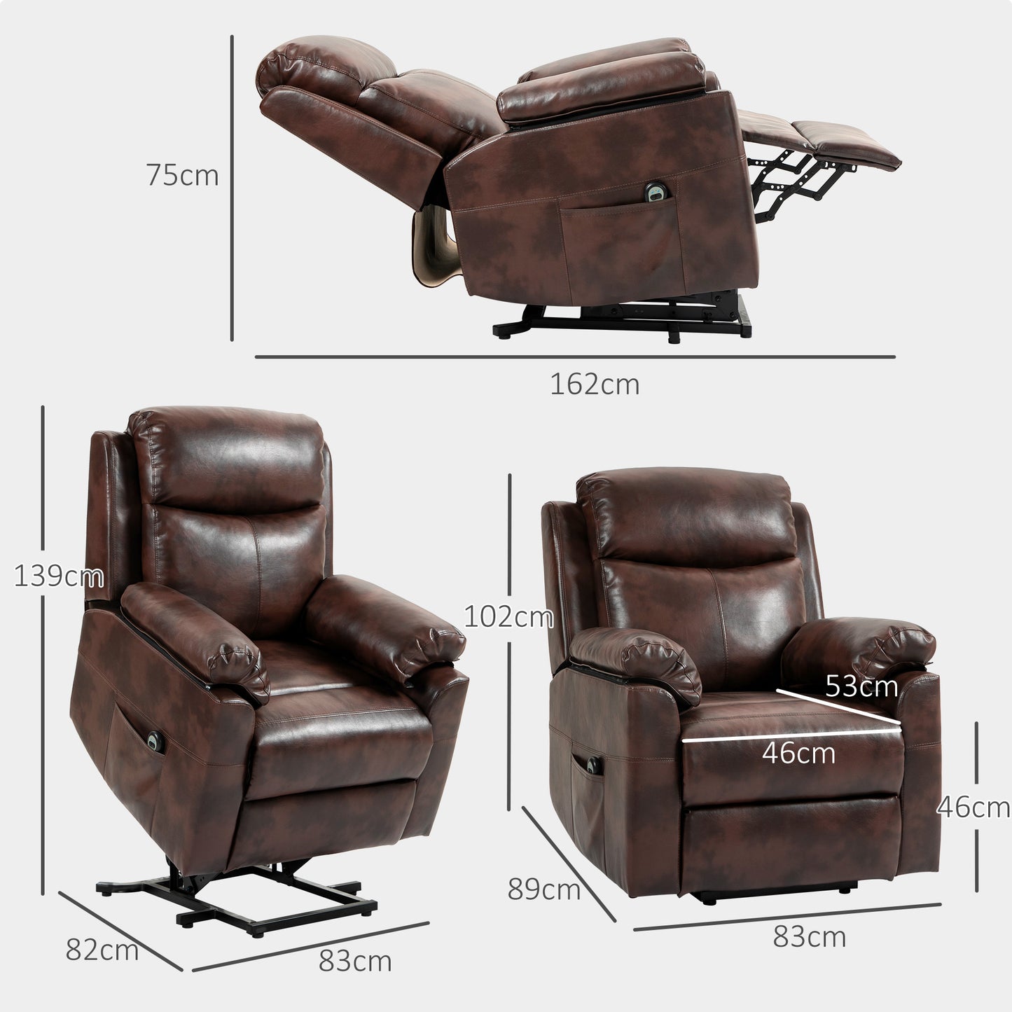 HOMCOM Faux Leather 70√Ç¬∞ Electric Riser Recliner Chair, Dark Brown