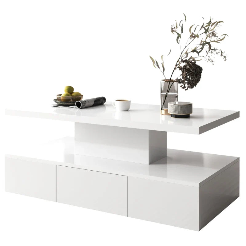 High-Gloss Coffee Table with Drawer, Two Storage Levels and LED Light, 100x50x39 cm, White