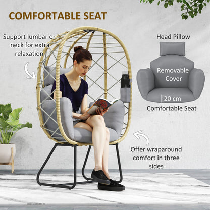 Outsunny Rattan Egg Chair Outdoor Indoor Wicker Chair with Thickened Cushion and Headrest, Standing Garden Egg Chair with Cup Holder, Metal Frame for Patio, Balcony, Grey