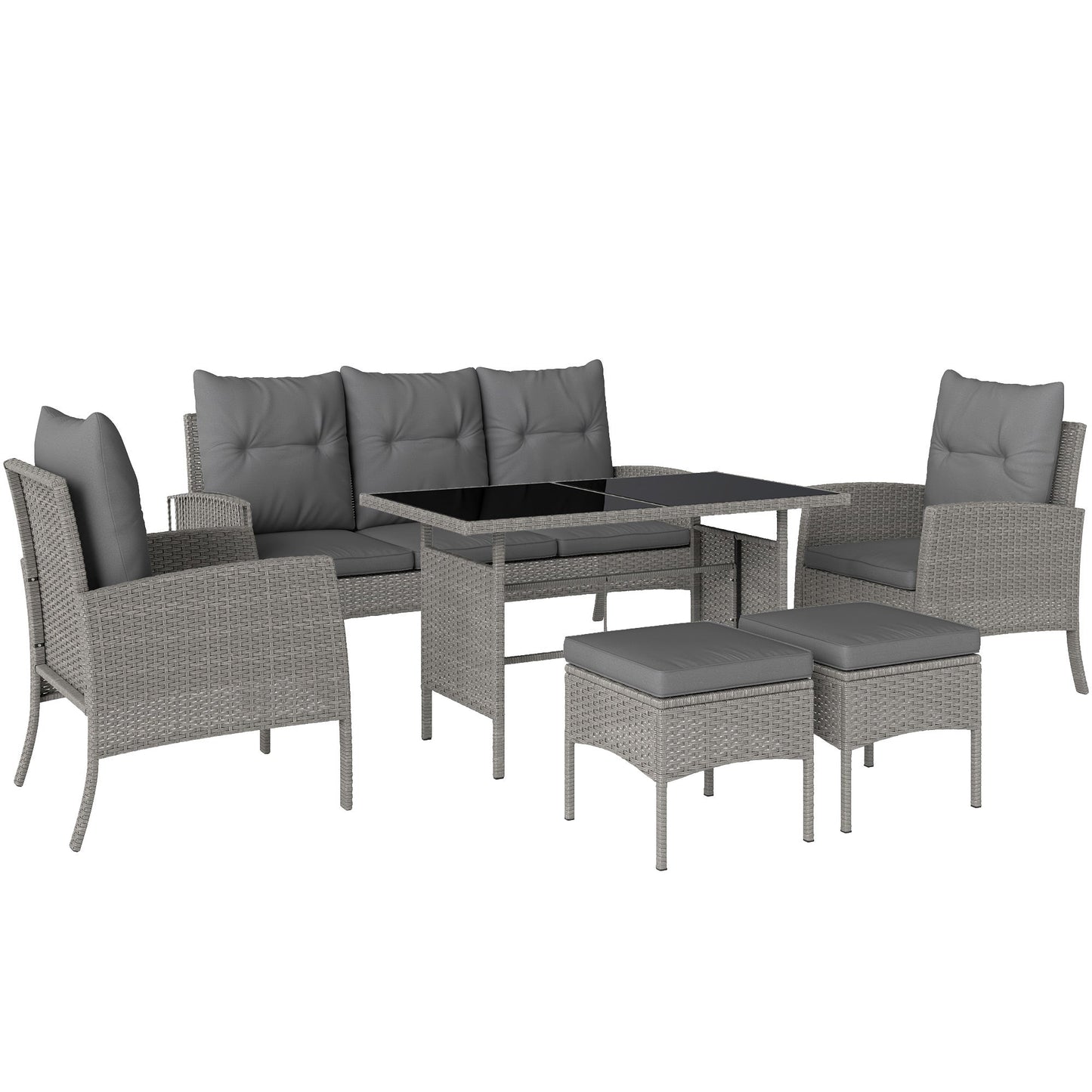 Outsunny 5 Seater Rattan Garden Furniture Set, 2 Armchairs, 3-Seater Wicker Sofa, 2 Footstools and Glass Table, 6 Piece Patio Rattan furniture Sofa Sets with Cushions for Conservatory, Grey