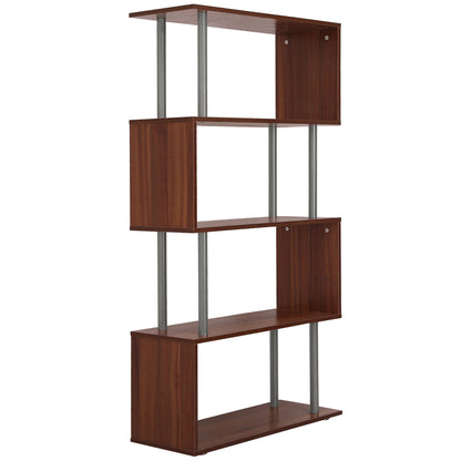 HOMCOM 4-Tires Wooden Bookcase S Shape Storage Bookshelf Display for Living Room, Bedroom, Office with Steel Frame, Walnut