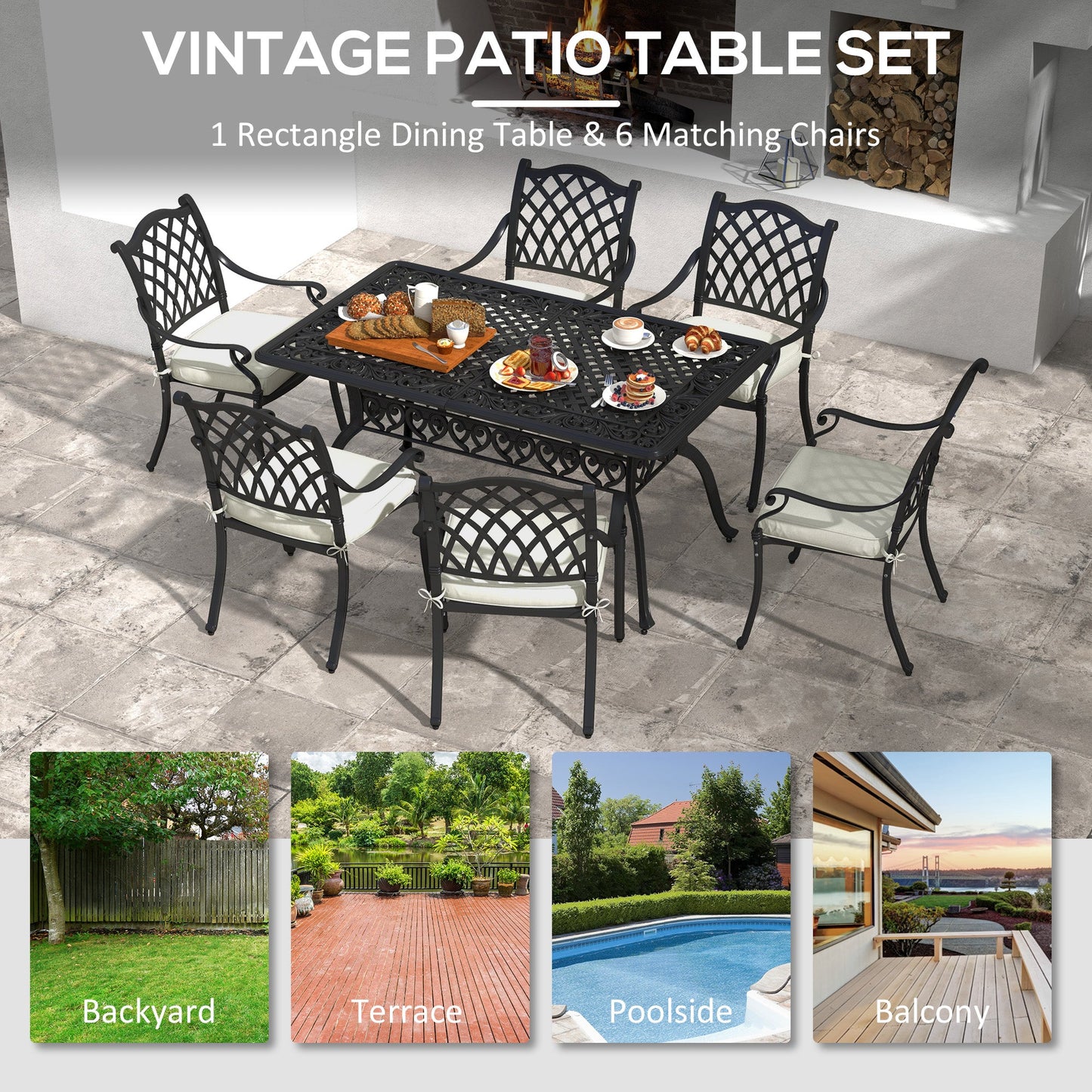 Outsunny 7 Pieces Aluminium Patio Dining Set with Umbrella Hole Black