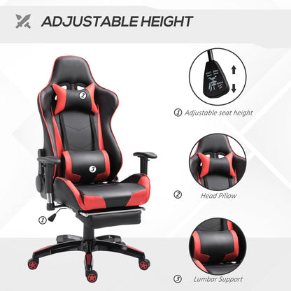 HOMCOM High-Back Gaming Chair Swivel Home Office Computer Racing Gamer Recliner Chair Faux Leather with Footrest, Wheels, Red Black