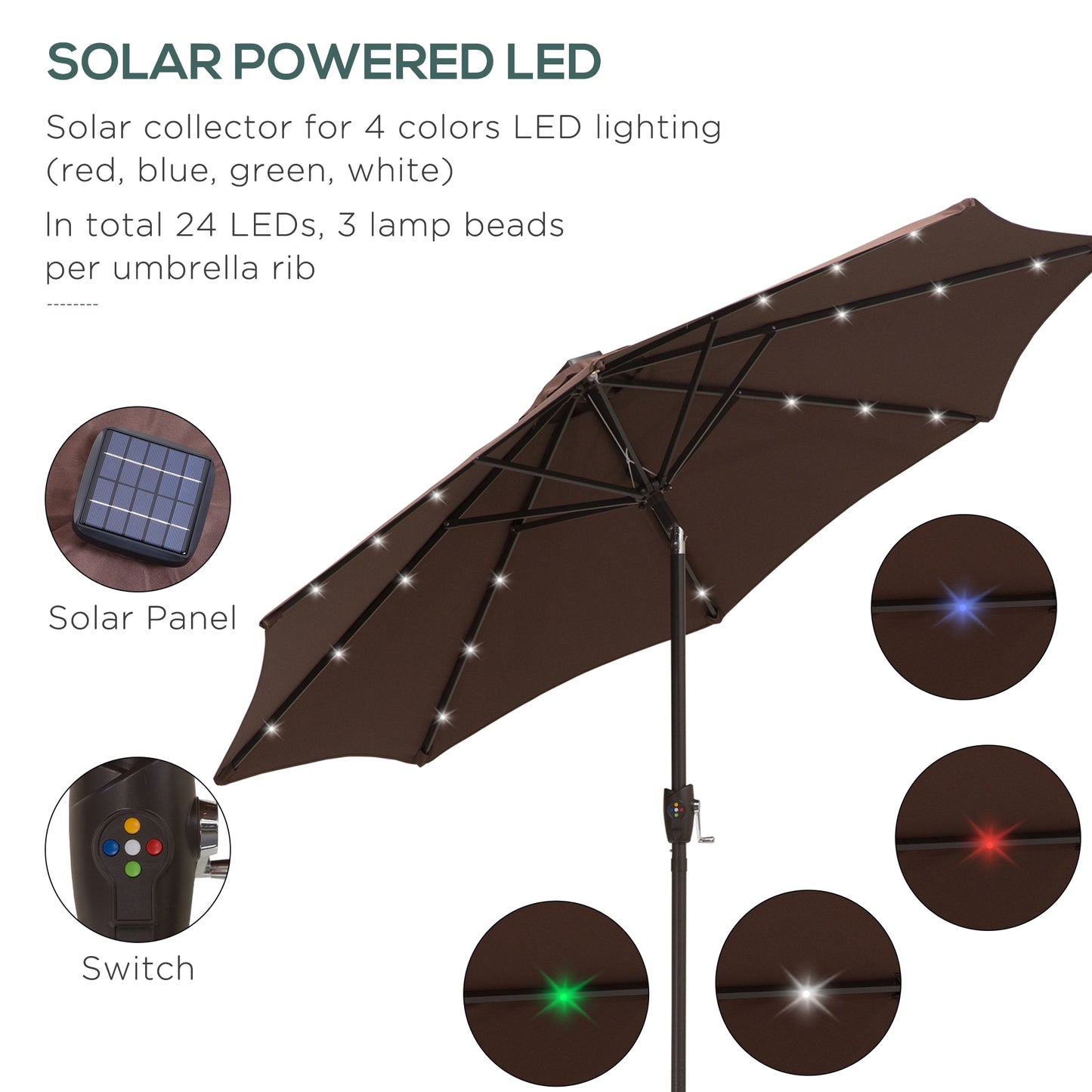 Outsunny √é¬¶2.7m Garden 24 LED Light Parasol Solar Outdoor Tilt Sun Umbrella Patio Club Party Event Manual Sun Shade w/ Hand Crank and 8 Ribs, Brown