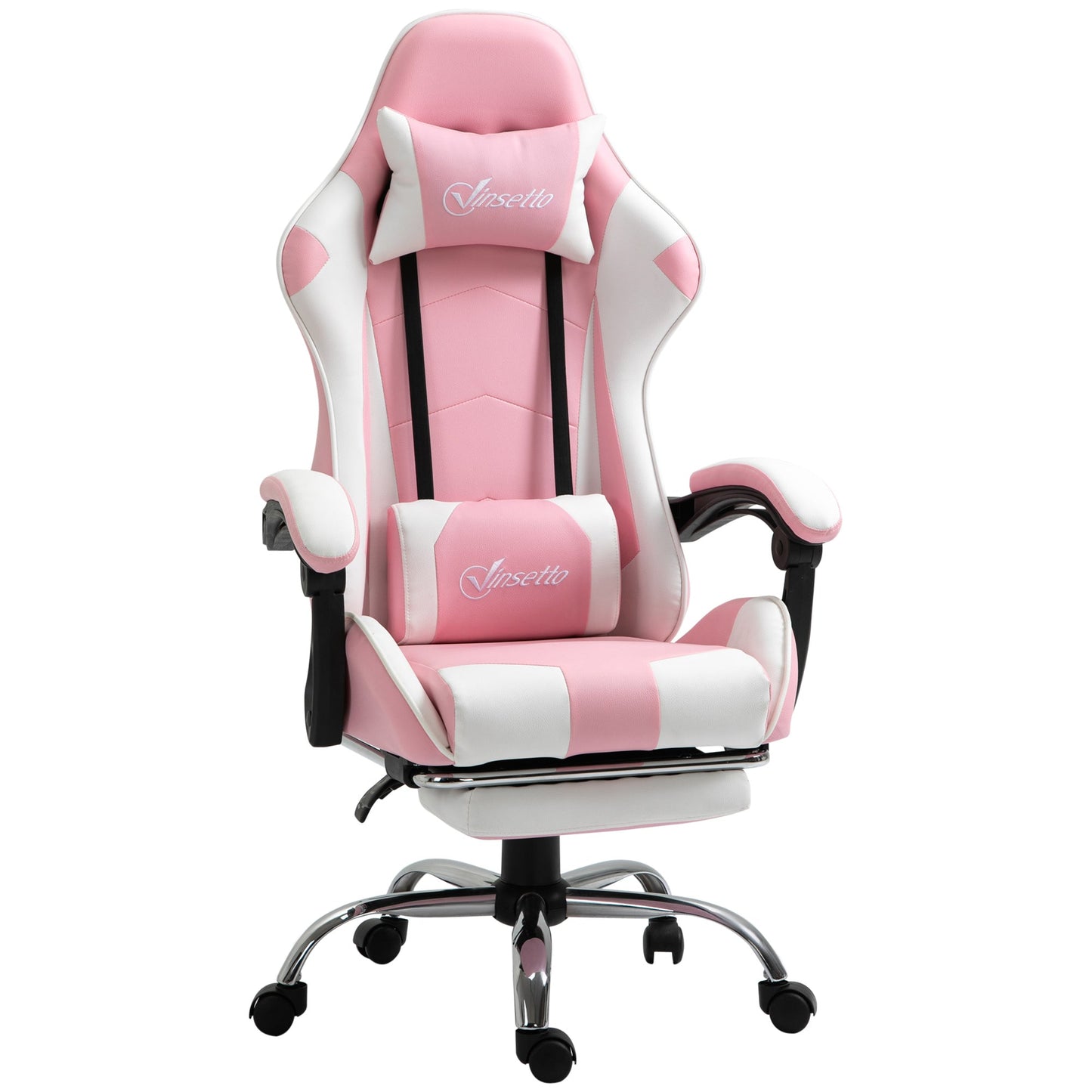 Vinsetto Pink Computer Gaming Chair, Desk Chair with 135√Ç¬∞ Reclining Back and Retractable Footrest, Adjustable PU Leather Lumbar Support and Headrest, Steel Base for Adults, Girls