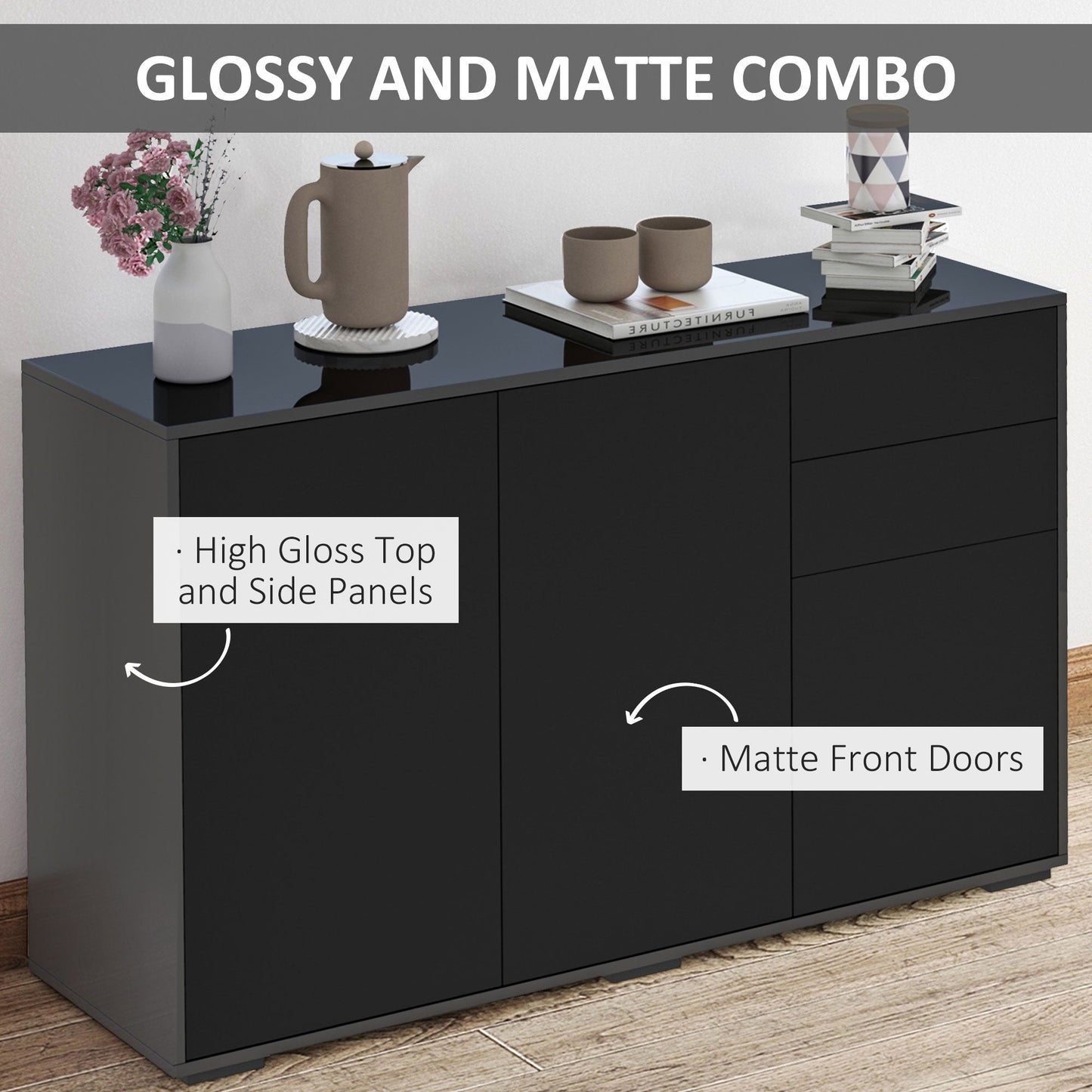 HOMCOM High Gloss Frame Sideboard, Side Cabinet, Push-Open Design with 2 Drawer for Living Room, Bedroom, Black