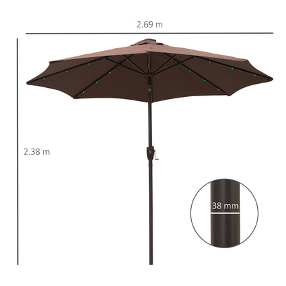 Outsunny √é¬¶2.7m Garden 24 LED Light Parasol Solar Outdoor Tilt Sun Umbrella Patio Club Party Event Manual Sun Shade w/ Hand Crank and 8 Ribs, Brown