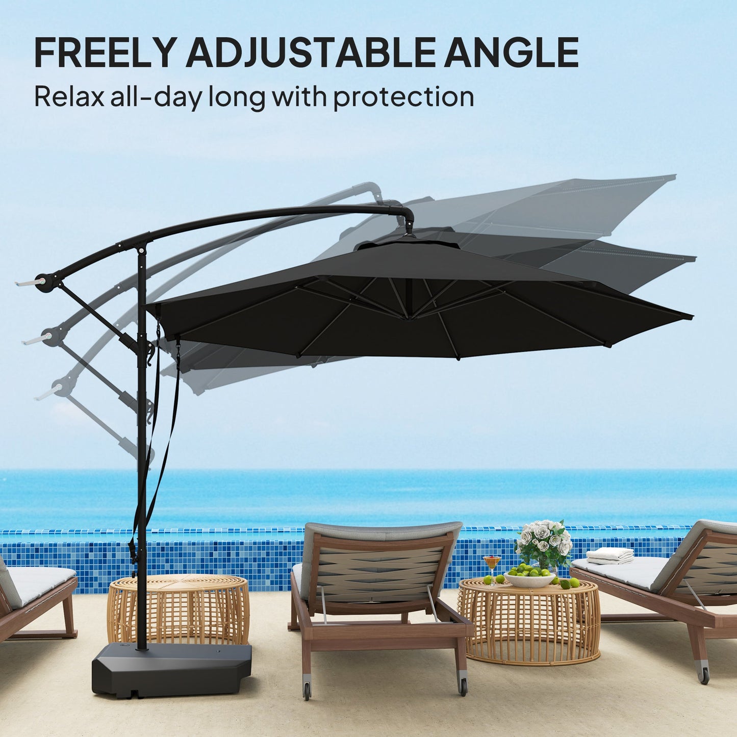 Outsunny 3(m) Garden Cantilever Parasol with Fillable Base, Wind Protection Strap, Cover, Round Banana Hanging Umbrella with Crank Handle and Tilt, Patio Umbrella for Outdoor Sun Shade, UPF50+, Grey