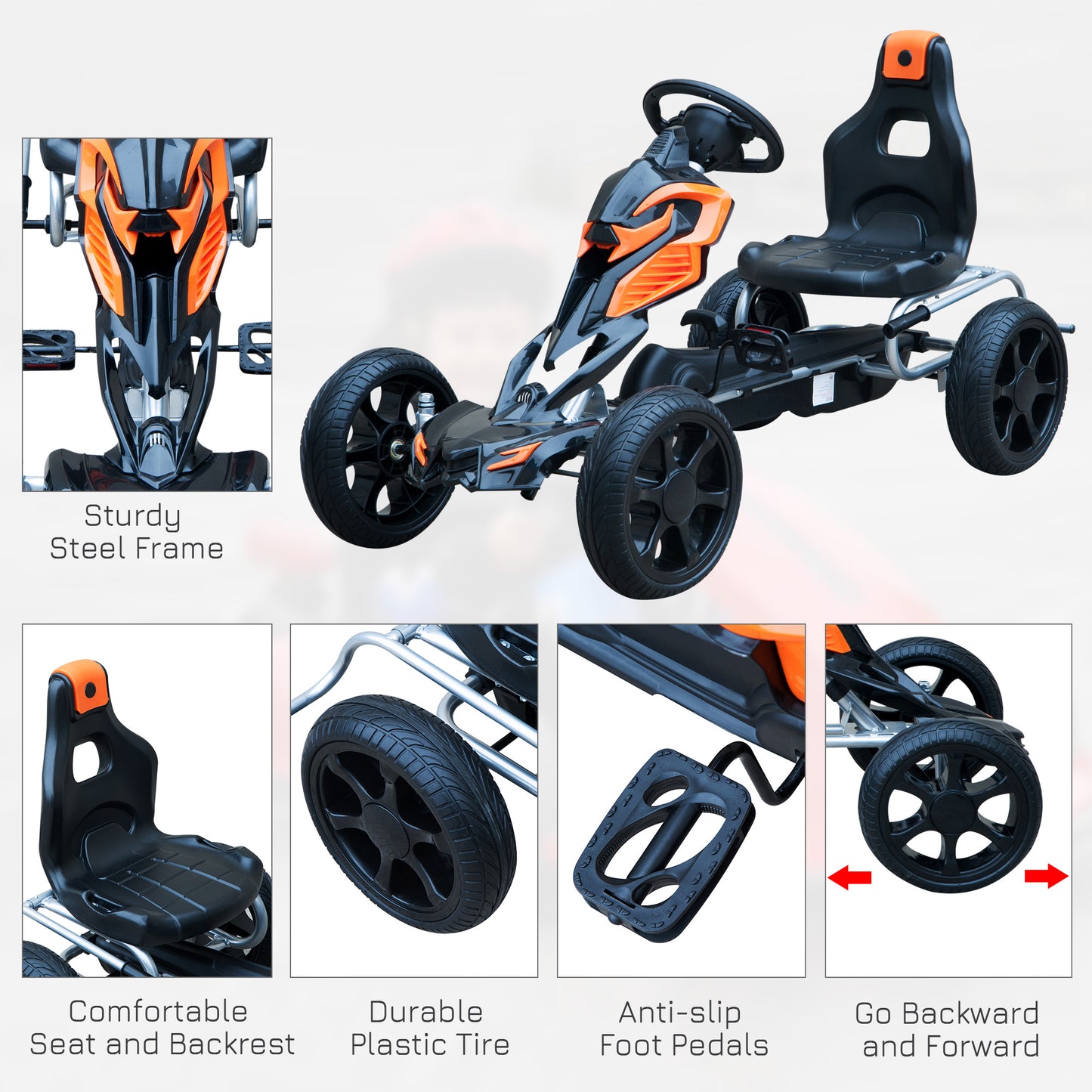 HOMCOM Pedal Go Kart Kids Ride On Indoor Outdoor Sports Toy Braking System-Orange/Black