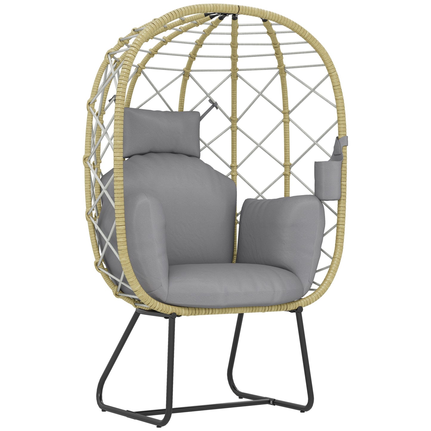 Outsunny Rattan Egg Chair Outdoor Indoor Wicker Chair with Thickened Cushion and Headrest, Standing Garden Egg Chair with Cup Holder, Metal Frame for Patio, Balcony, Grey