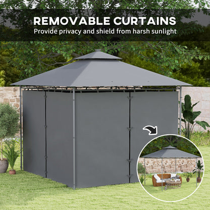 Outsunny 3 x 3 m Garden Gazebo, Double Roof Metal Gazebo with Curtains and Solar-Powered LED Lights, Outdoor Gazebo Canopy Shelter for Patio, Deck, Dark Grey