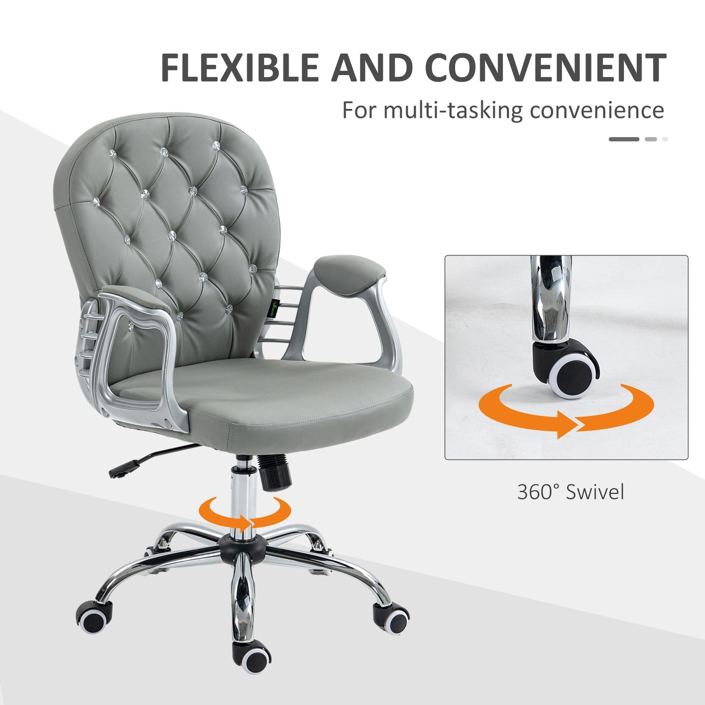 Vinsetto Office Chair Ergonomic 360√Ç¬∞ Swivel PU Diamante Padded Base 5 Castor Wheels for Home Work Grey