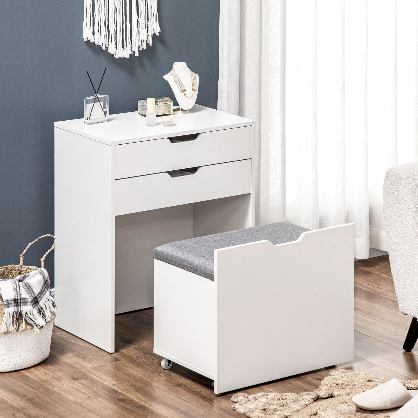 HOMCOM Dressing Table with Flip-up Mirror and Storage Stool, Vanity Table with Drawer and Hidden Compartments for Bedroom, Living Room, White