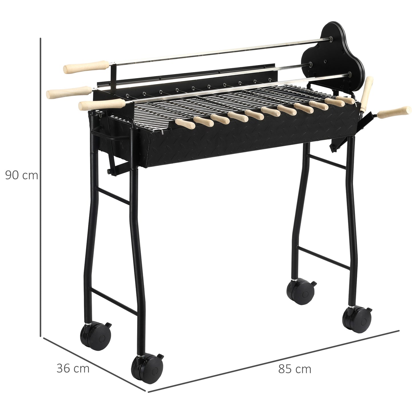 Outsunny Charcoal Barbecue Grill W/ 4 Wheels, size (85x36x90cm)-Black