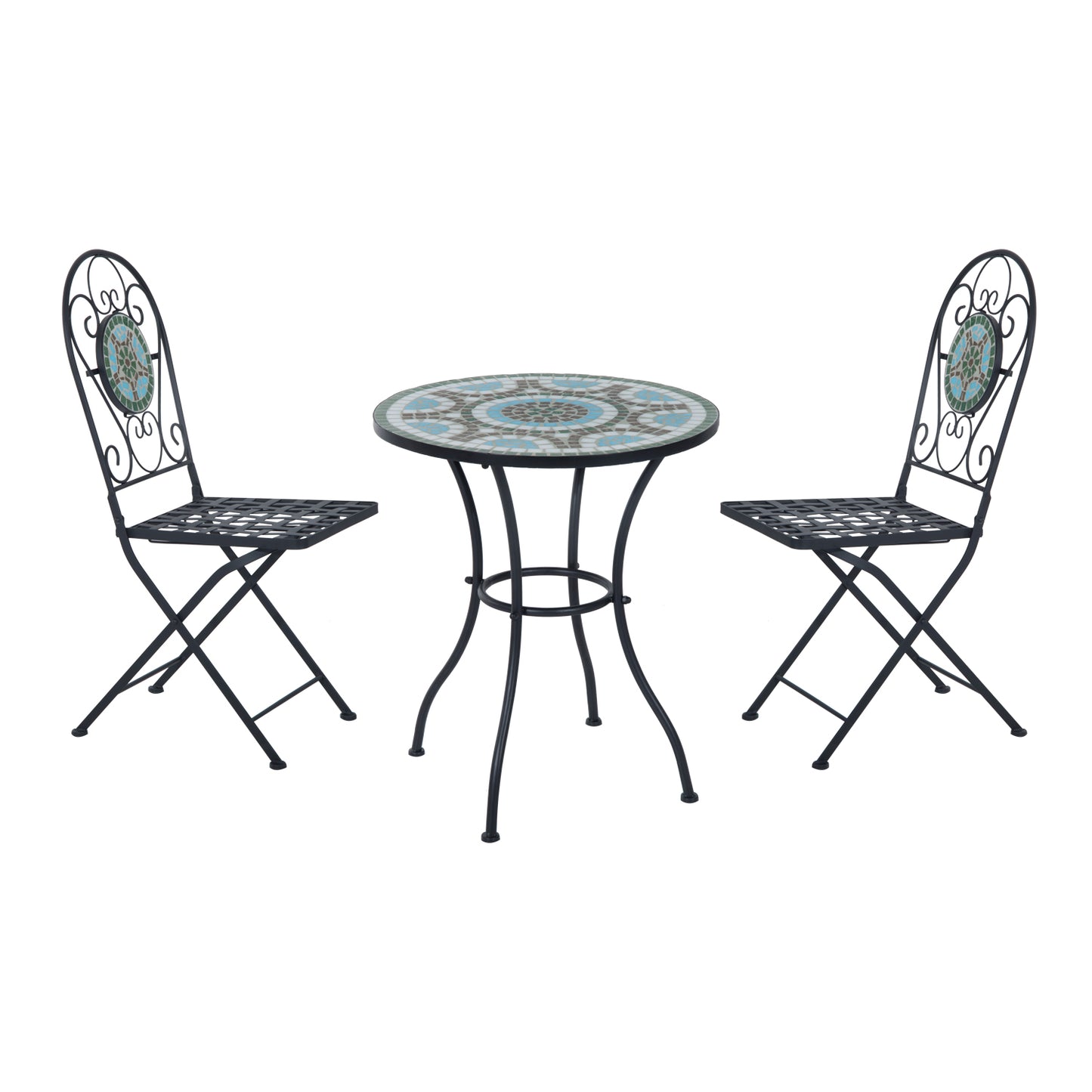 Outsunny 3PCs Bistro Set, Outdoor Metal Frame Mosaic Decoration Garden Table and Chair Set, Patio Folding Chairs Furniture Set