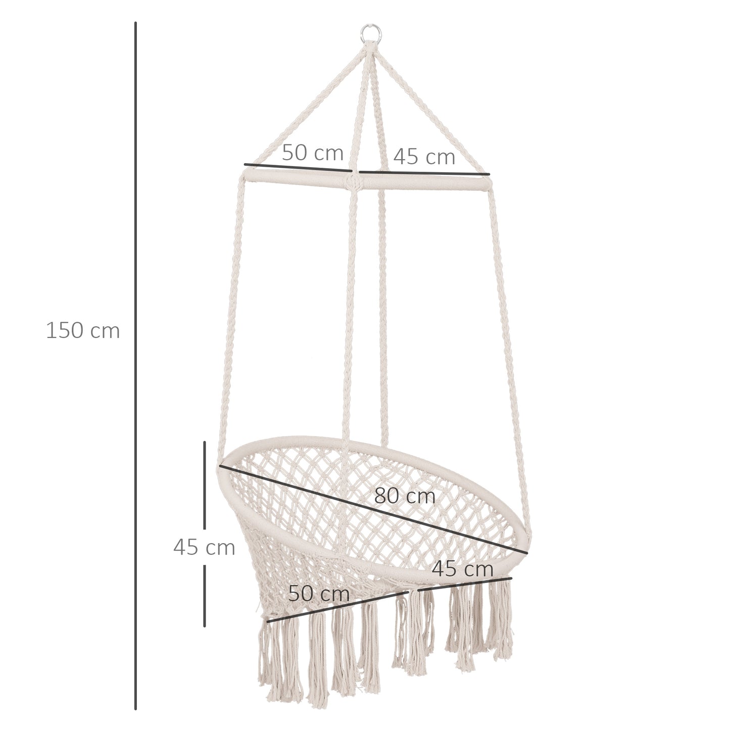 Outsunny Hammock Macrame Hanging Rope Chair Hanging Seat Rope Tassels Solid Knitted Woven Net Seat Portable Garden Chair for Patio, Porch, Tree, Beige