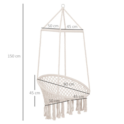 Outsunny Hammock Macrame Hanging Rope Chair Hanging Seat Rope Tassels Solid Knitted Woven Net Seat Portable Garden Chair for Patio, Porch, Tree, Beige