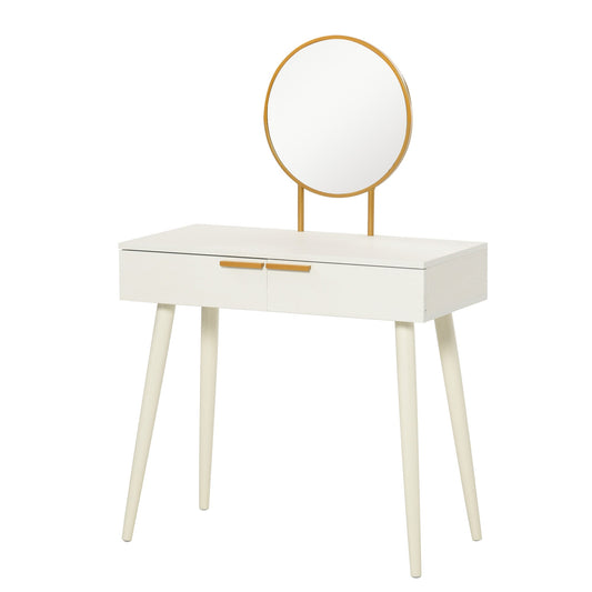 HOMCOM Modern Dressing Table with Round Mirror, Makeup Vanity Table with 2 Drawers for Bedroom, Living Room, White