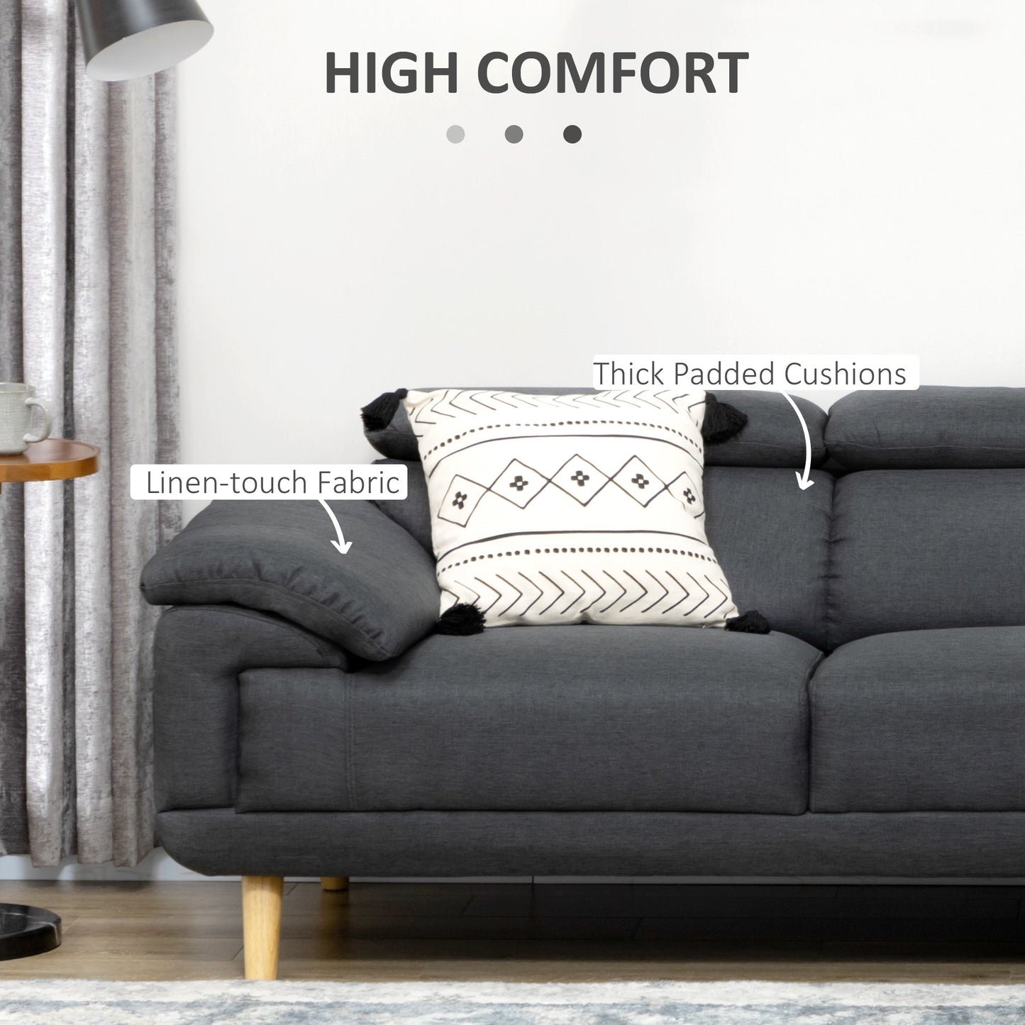 HOMCOM 3 Seater Corner Sofas for Living Room with Adjustable Headrest, Fabric L Shaped Sofa Settee, Couch, Dark Grey