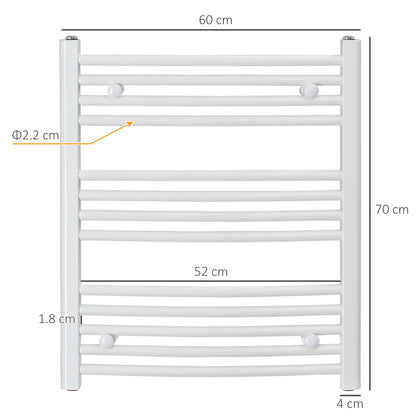 HOMCOM Curved Heated Towel Rail, Hydronic Bathroom Ladder Radiator Towel Warmer For Central Heating 600mm x 700mm, White