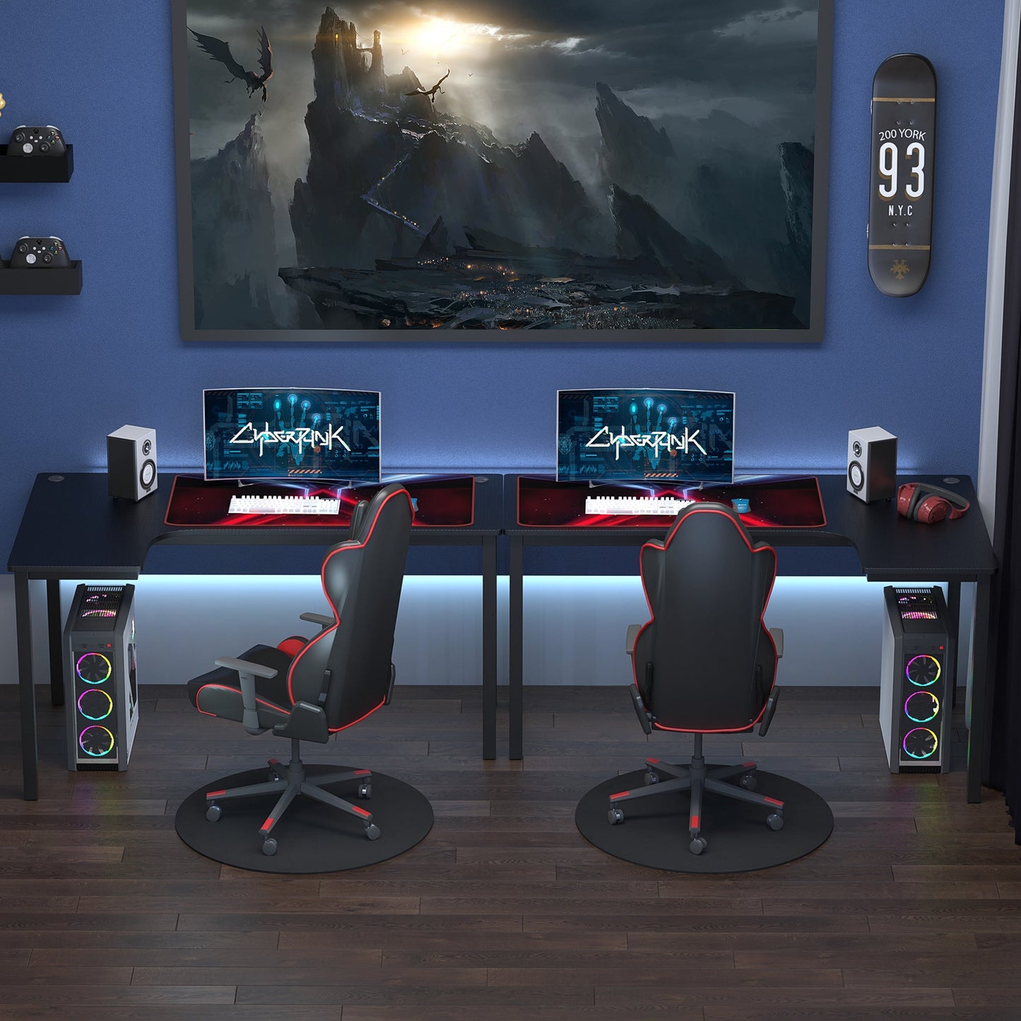 HOMCOM L-Shaped Gaming Desk, Computer Corner Desk, Home Office Workstation with Cable Management, 145 x 81 x 76cm, Black, Left