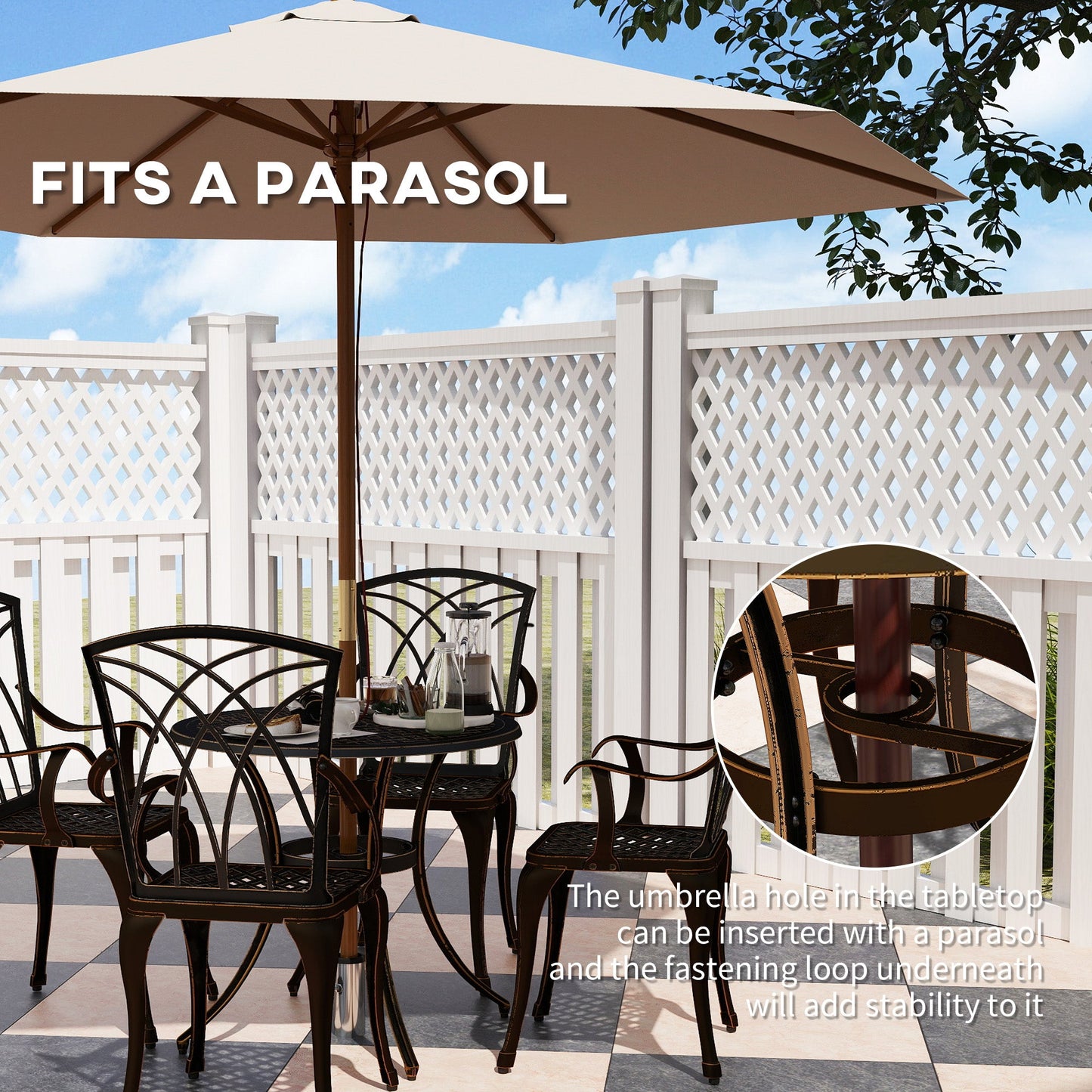 Outsunny 5 Pieces Garden Dining Set for 4, Cast Aluminium Outdoor Dining Set with 4 Armchairs and Round Dining Table with Parasol Hole, Garden Furniture Set, Bronze Tone