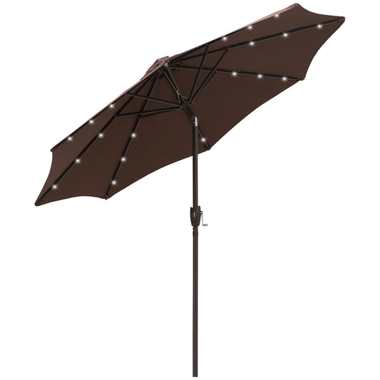 Outsunny √é¬¶2.7m Garden 24 LED Light Parasol Solar Outdoor Tilt Sun Umbrella Patio Club Party Event Manual Sun Shade w/ Hand Crank and 8 Ribs, Brown