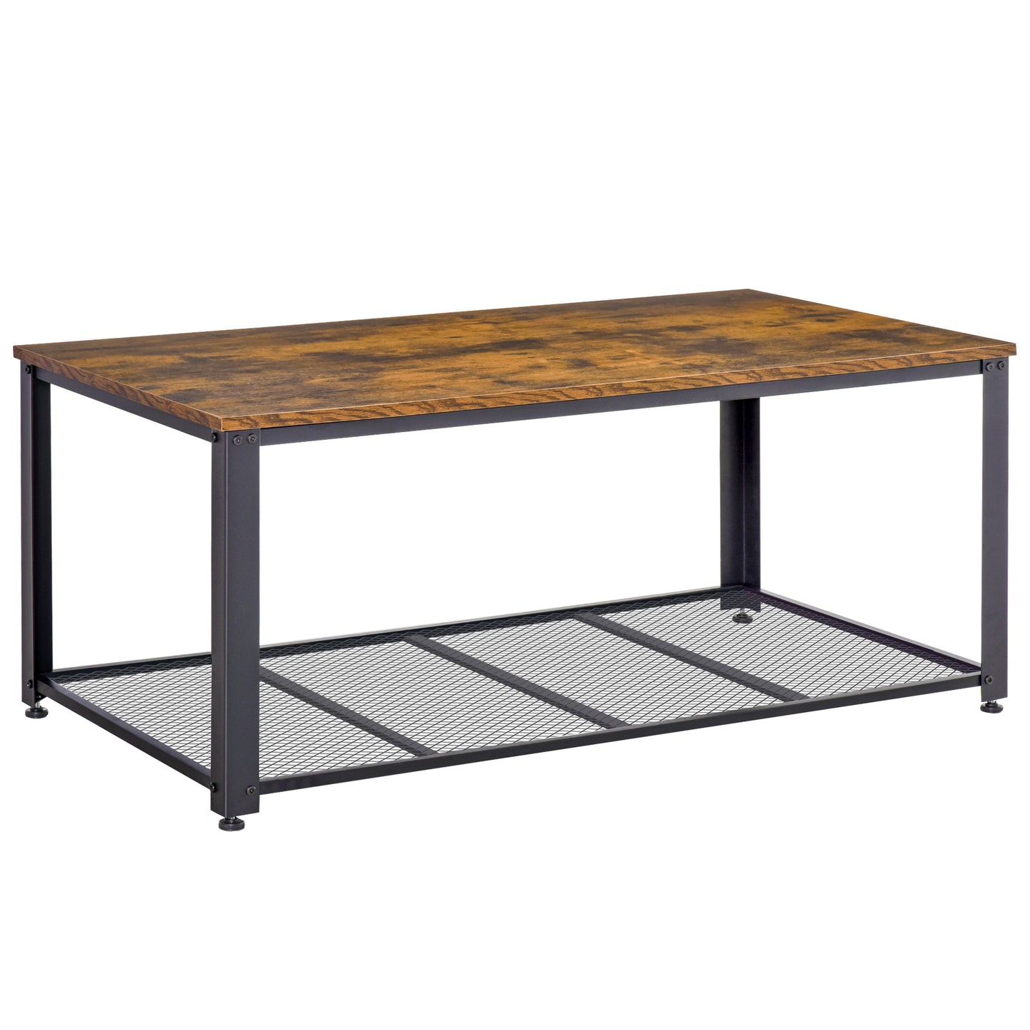 HOMCOM Coffee Table for Living Room, Industrial Centre Table with Mesh Shelf and Steel Frame, 2-tier Low Coffee Table, Rustic Brown