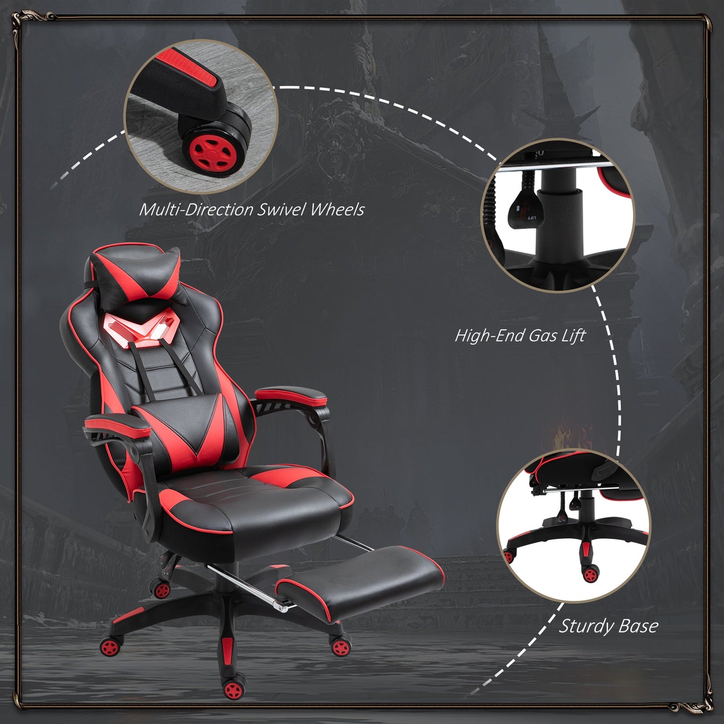 Vinsetto Computer Gaming Chair, Racing Desk Chair with Lumbar Support and Footrest, PU Leather Gamer Chair with Headrest and Swivel Wheels for Home, Red