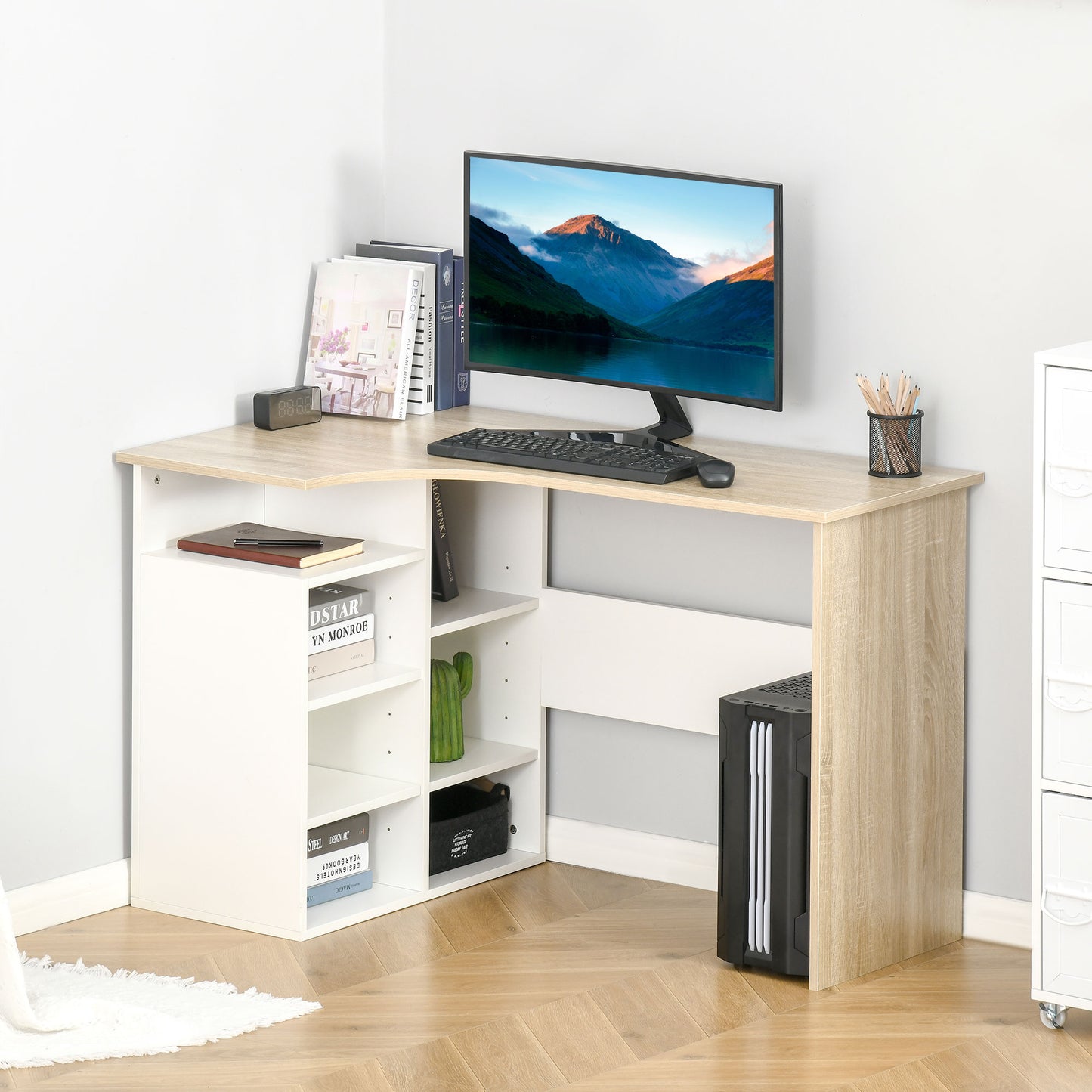 HOMCOM L-Shaped Desk, Corner Computer Desk, Study Table with Storage Shelf Office Home Workstation - Oak Tone and White