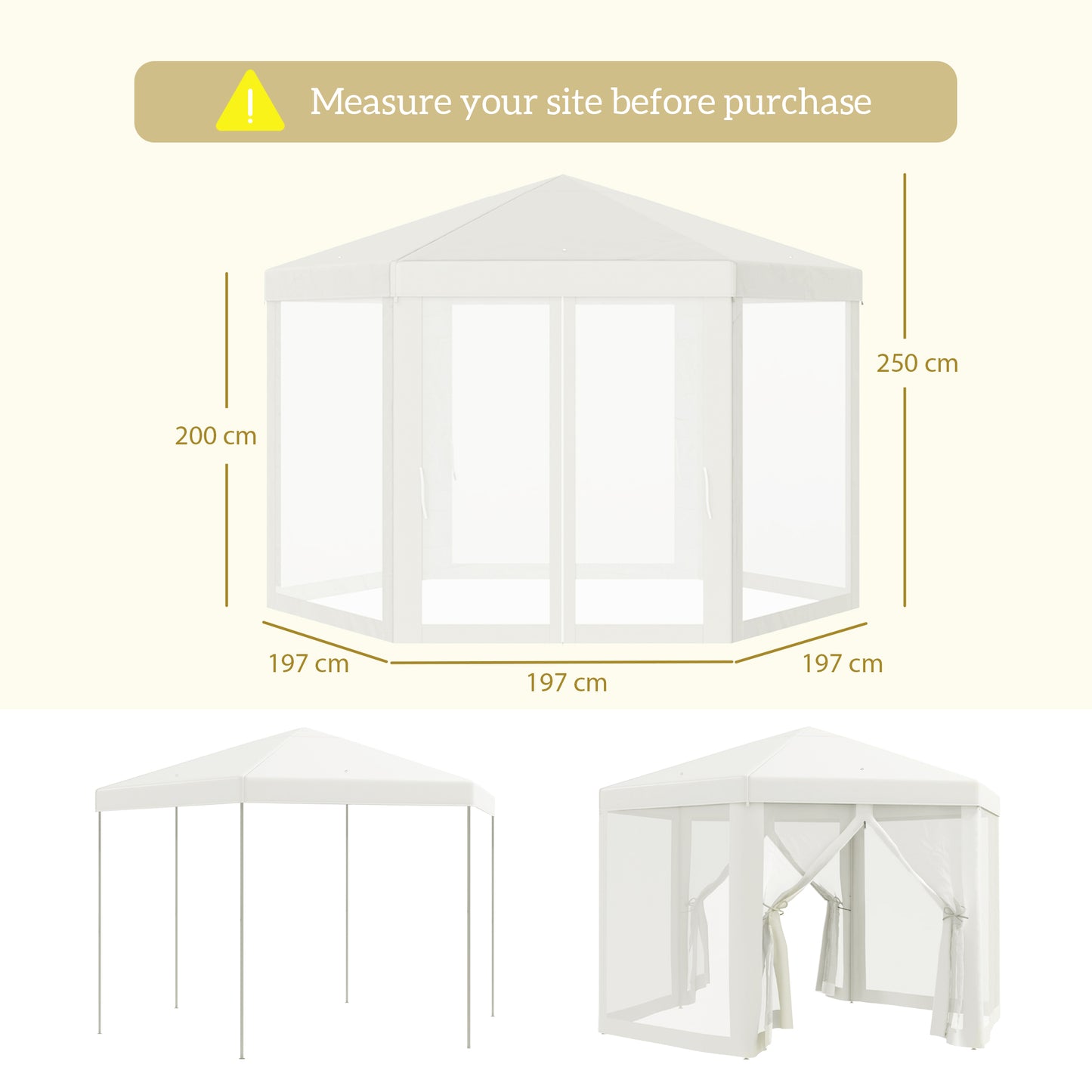 Outsunny 4M Hexagon Gazebo, Netting Party Tent Patio Canopy Outdoor Event Shelter for Activities, Shade Resistant, Cream White