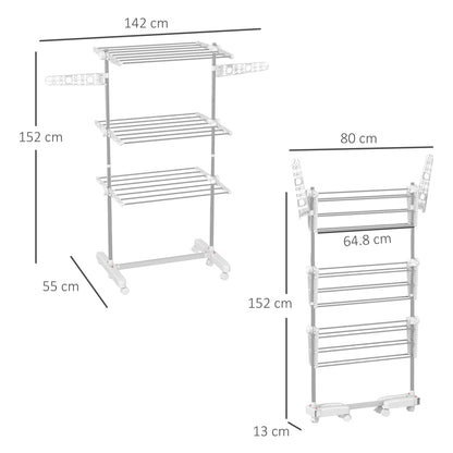 HOMCOM 3-Tier Clothes Airer, Foldable Clothes Drying Rack, Stainless Steel Indoor and Outdoor Clothes Dryer with Wheels and Wings, Easy Assembly, 142 x 55 x 152cm, White