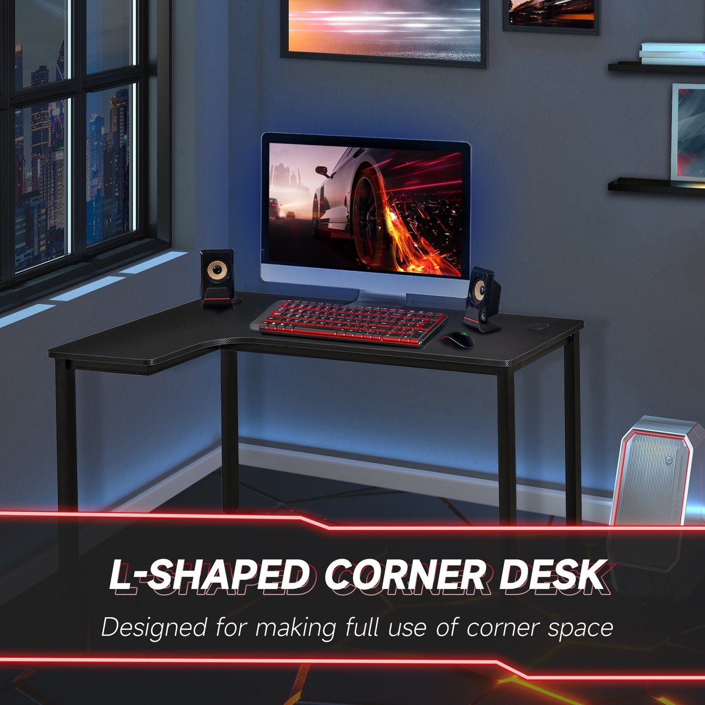 HOMCOM L-Shaped Gaming Desk, Computer Corner Desk, Home Office Workstation with Cable Management, 145 x 81 x 76cm, Black, Left