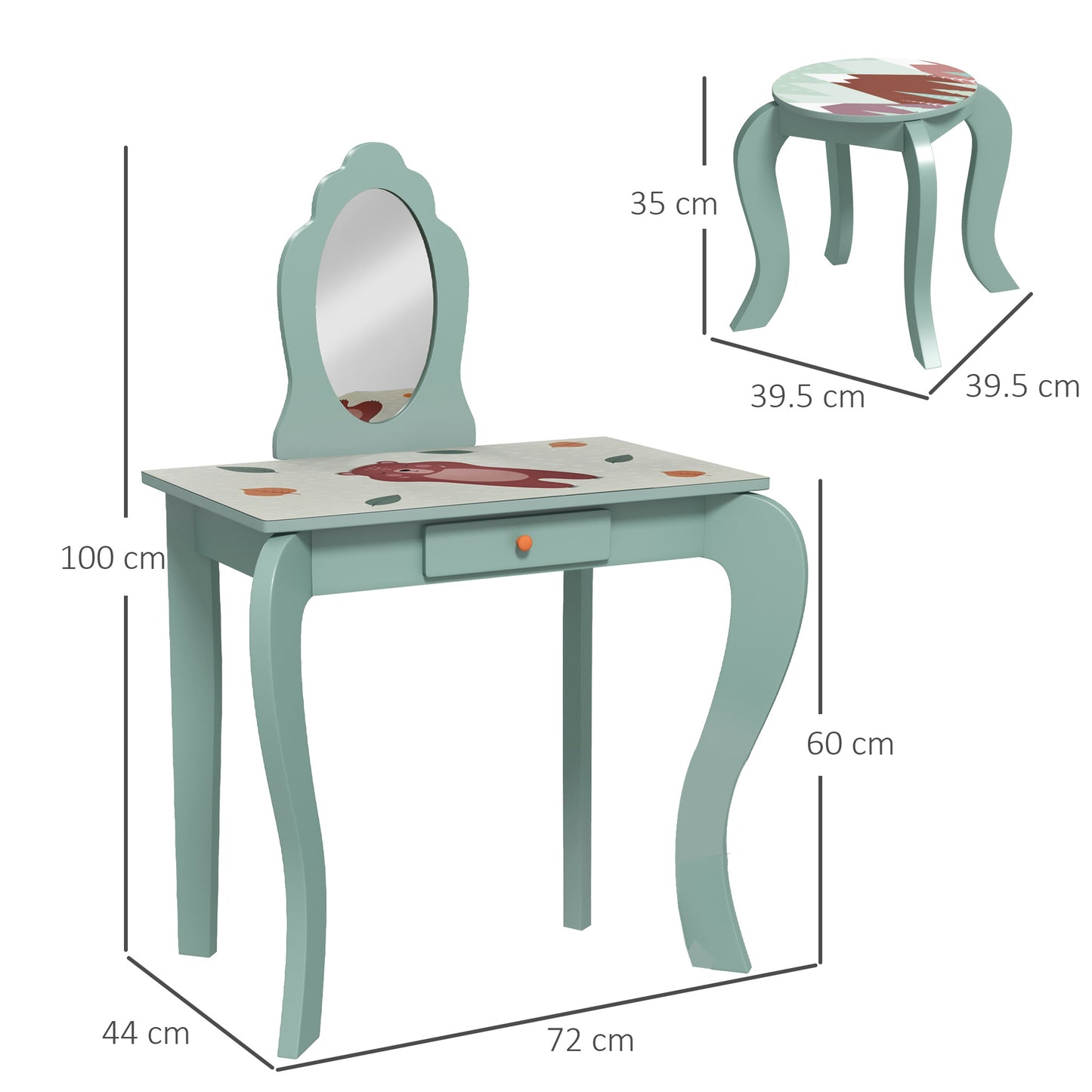 ZONEKIZ Kids Dressing Table with Mirror, Stool, Drawer, Cute Animal Design, Green