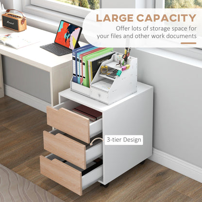 HOMCOM 3 Drawer Mobile File Cabinet, Vertical Filing Cabinet with Wheels for Home Office, Oak