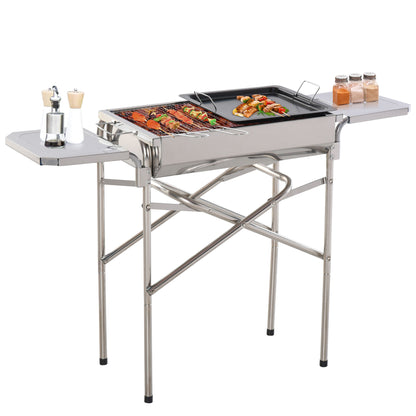 Outsunny Outdoor Folding BBQ Rectangular Stainless Steel Foldable Pedestal Charcoal Barbecue Grill - Silver