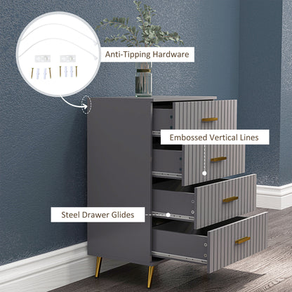 HOMCOM Four Drawer Embossed Line Dresser - Grey/Gold Tone