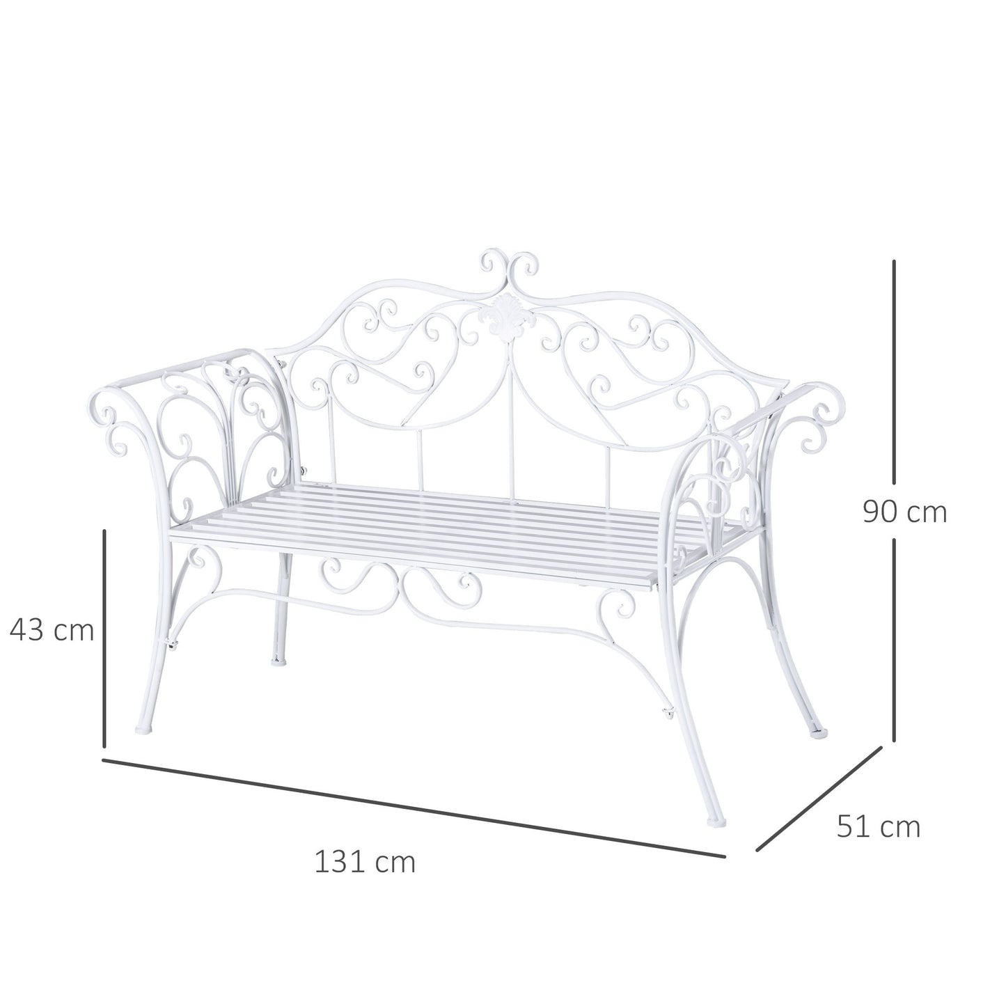 Outsunny 2 Seater Garden Bench, Antique Outdoor Double Seat Chair with Decorative Cast Iron Backrest for Backyard Porch, White