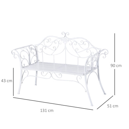 Outsunny 2 Seater Garden Bench, Antique Outdoor Double Seat Chair with Decorative Cast Iron Backrest for Backyard Porch, White